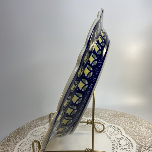 Polish Pottery Large Platter BOLESLAWCU Boleslawiec Poland 13in Ruffled Blue - Picture 3 of 6